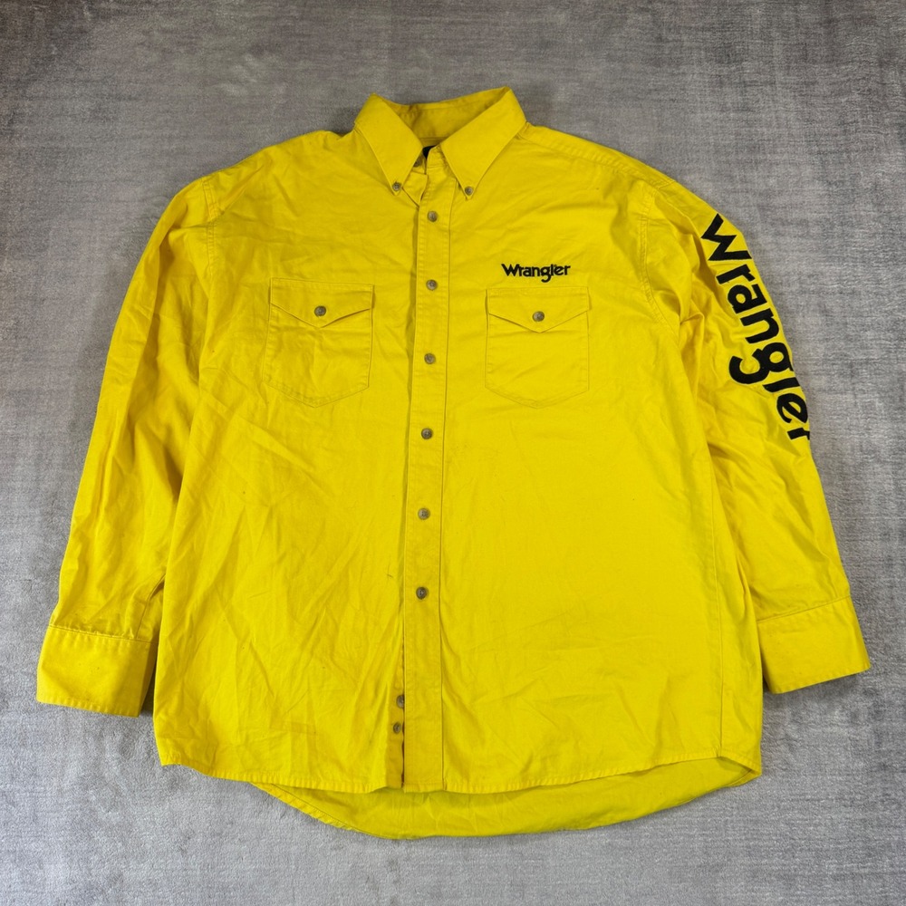 Vintage Wrangler Shirt Mens XL Yellow Western Logo Button Down Cotton Twill